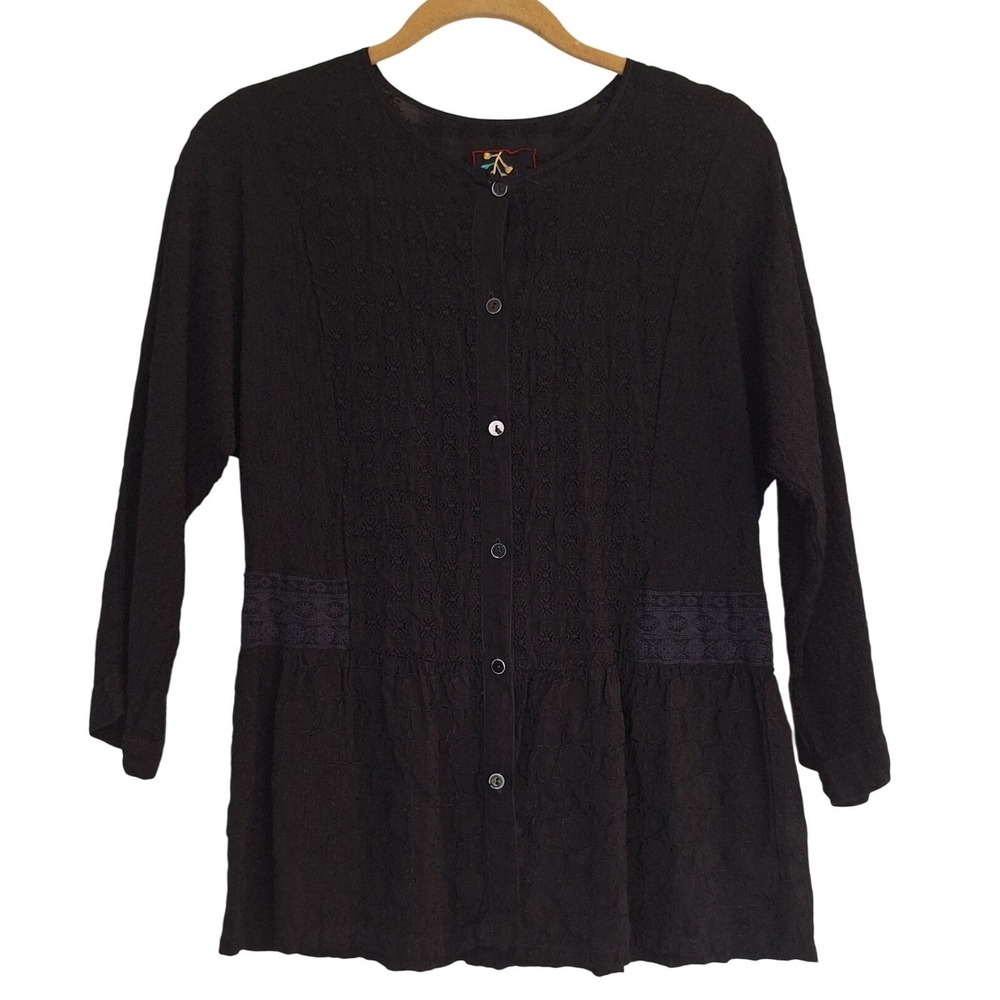 johnny was black embroidered  buttoned long sleeve  tunic‎ top size M-?